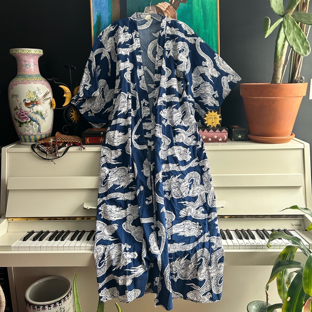 Vintage 70s Dragon Print Belted Kimono Robe OS Unisex Full Length Navy Cotton